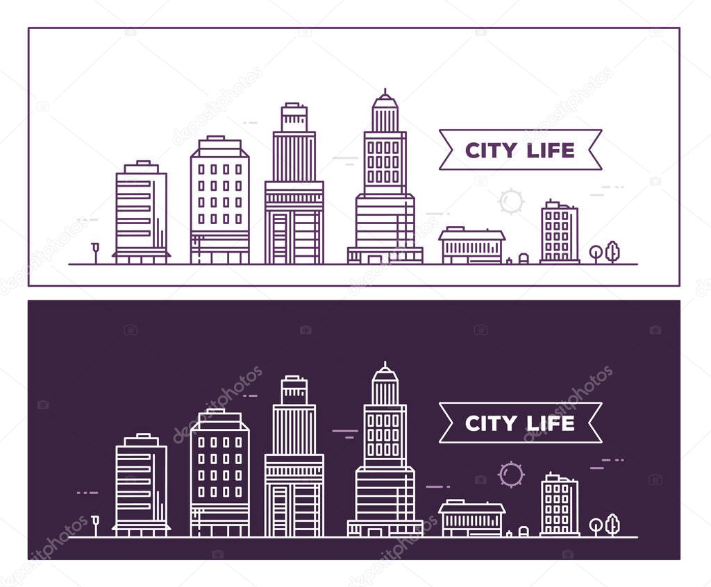 Vector illustration of white and black city landscape on differe