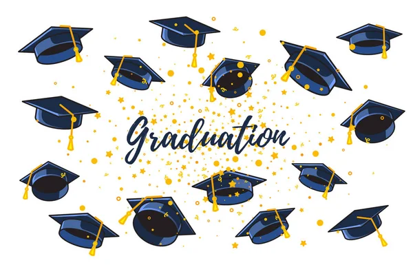 Vector illustration of many graduate caps and confetti on a whit — Stock Vector