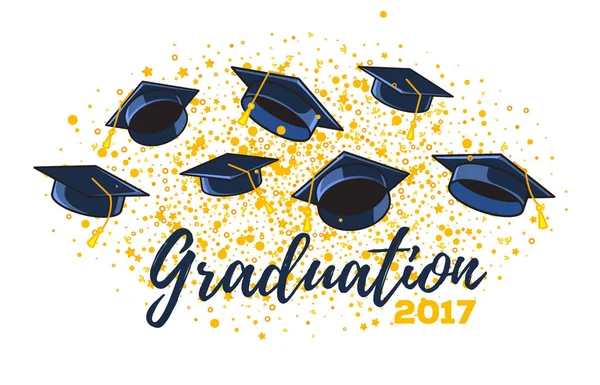 Vector illustration of graduate caps and confetti on a white bac — Stock Vector