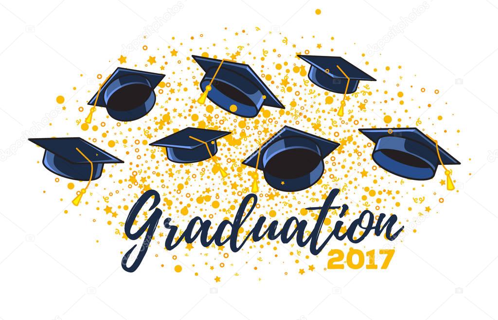 Vector illustration of graduate caps and confetti on a white bac