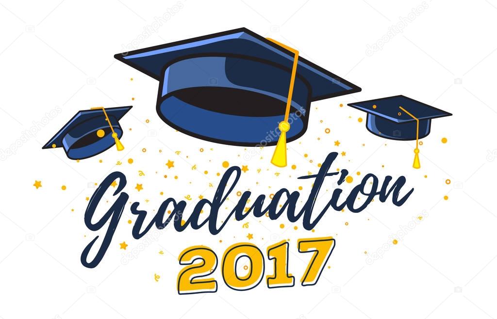 Vector illustration of black graduate caps with confetti on a wh