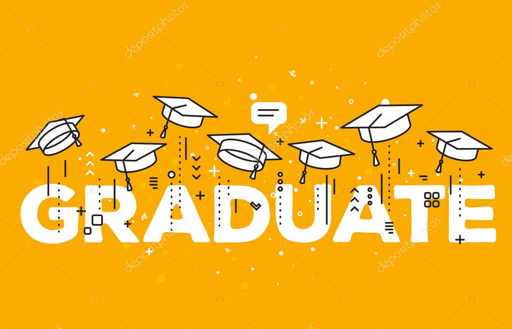 Vector illustration of word graduation with graduate caps on a y