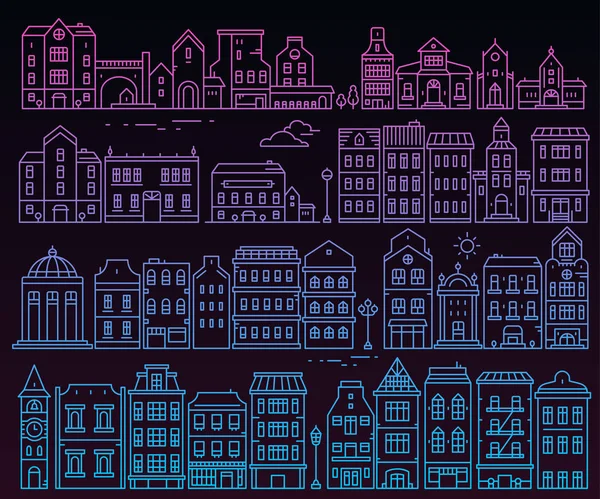 Gran conjunto de vectores de colores europeos detallados edificios por la noche. No. — Archivo Imágenes Vectoriales