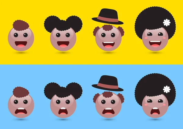 Set of volume brown woman, man, kids emoji. Funny expressing soc — Stock Vector