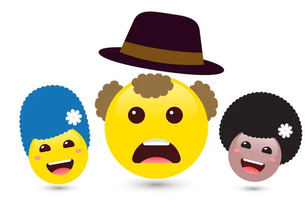 Uppsättning av volym leende kvinnor och gula mannen emoji med hatt. VECTO — Stock vektor