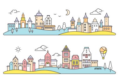 Vektör renkli resimde iki detaylı şehir manzara w üzerinde