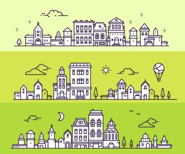 Ağaç, bulut, aerostat ile gece ve gündüz kentsel Avrupa şehri. Ve