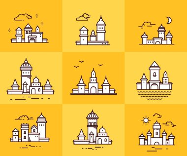 Vektör Sarı zemin üzerine kentsel yapılar topluluğu. Ayarla 