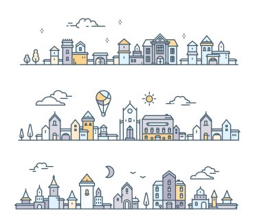 Ağaç, bulut, aerostat ile kentsel Avrupa şehri kümesi. Vektör Il