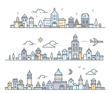 Gün kentsel Avrupa beyaz şehir ağaç, bulut, hava uçak ile. Vecto