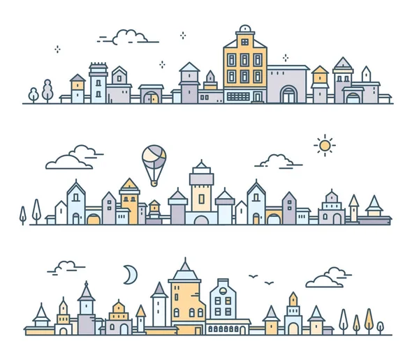 Ciudad urbana europea con árbol, nube, globo aerostático. Ilustración vectorial — Vector de stock