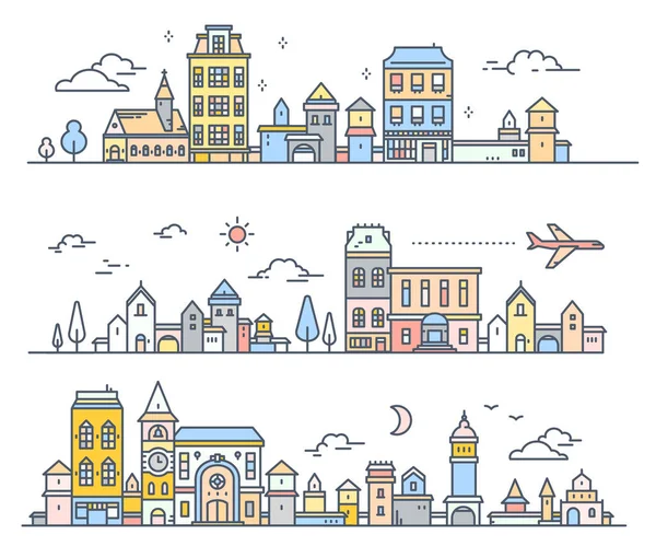 Trois variantes de ville urbaine européenne de couleur rétro avec arbre, cl — Image vectorielle