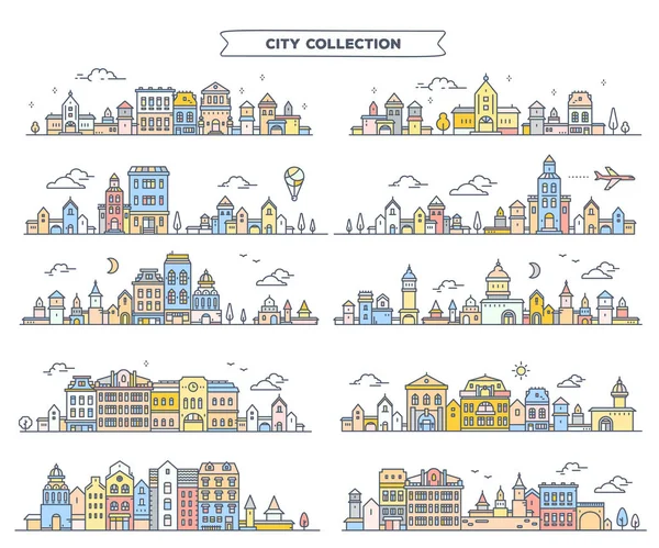 Великий векторний набір міського європейського кольору деталізоване місто з деревом , — стоковий вектор