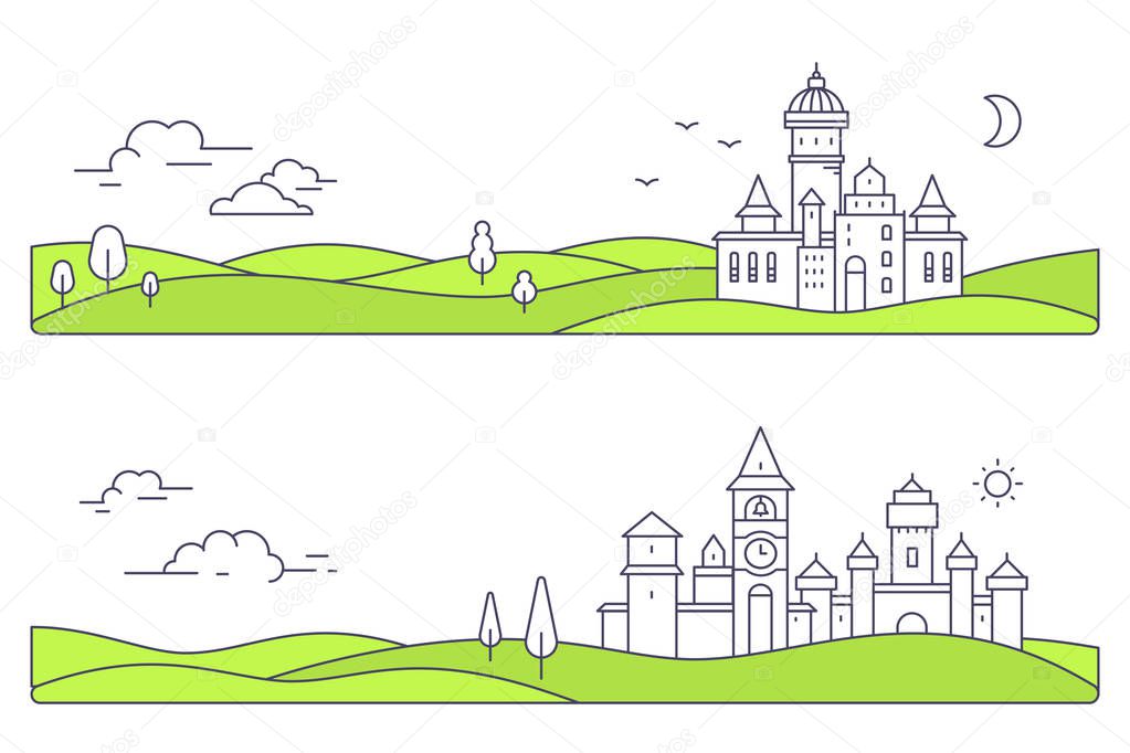Vector illustration of two city landscape. Set of castle with tr