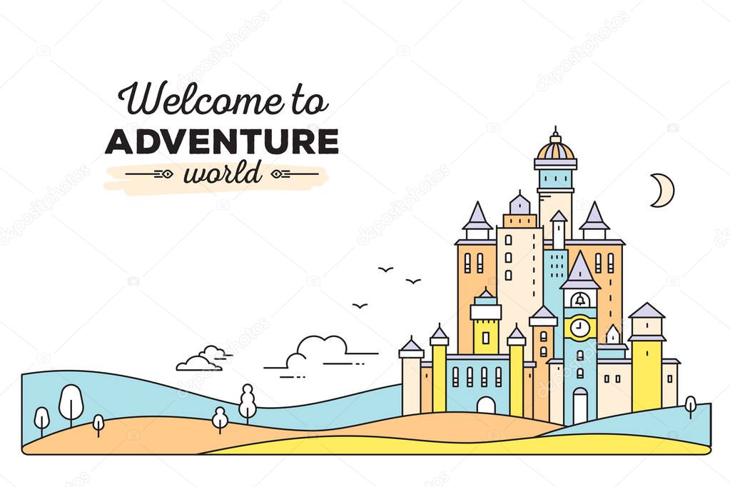 Vector template with colorful illustration of landscape. Castle 