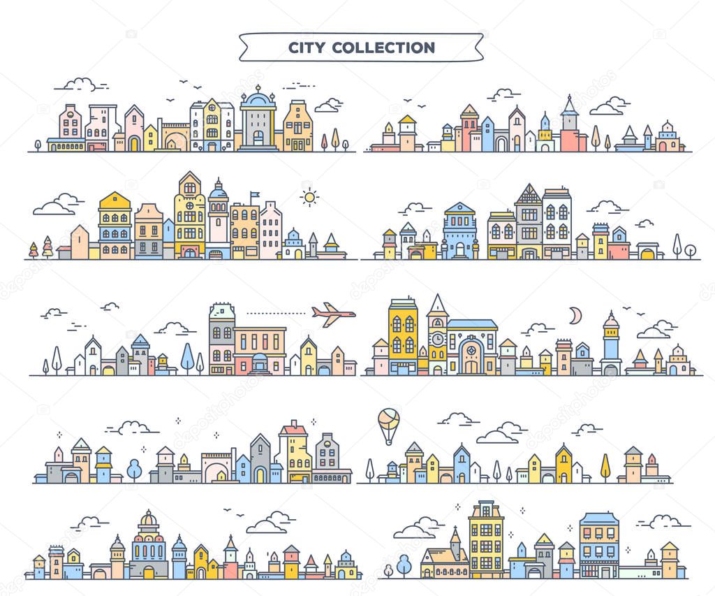 Illustration of variation summer city landscape on white backgro