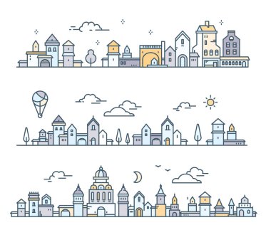 Ağaç, bulut, hava ile kentsel Avrupa beyaz detaylı şehrin ayarla 