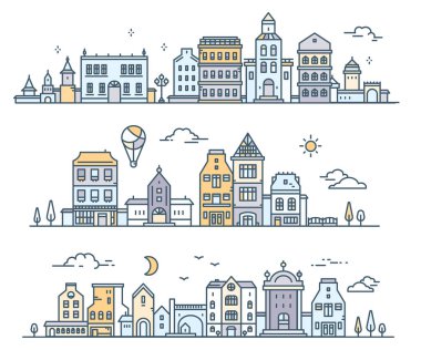 Ağaç, bulut, hava balonu ile kentsel Avrupa şehri kümesi. Vektör