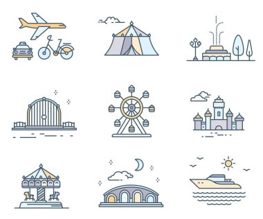 Farklı Şehir öğeleriyle bulutlar, güneş, ay ve dalgalar. Vektör