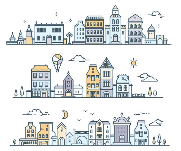 Ağaç, bulut, hava balonu ile kentsel Avrupa şehri kümesi. Vektör