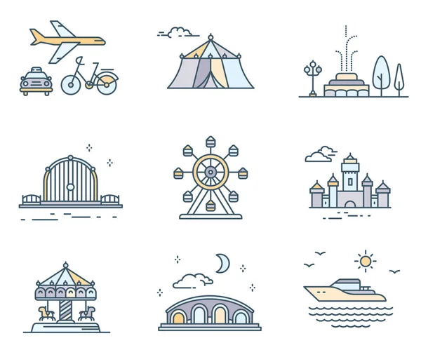 Farklı Şehir öğeleriyle bulutlar, güneş, ay ve dalgalar. Vektör