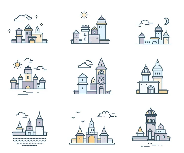 Set of retro color city buildings icons with clouds. Vector coll — Stock Vector