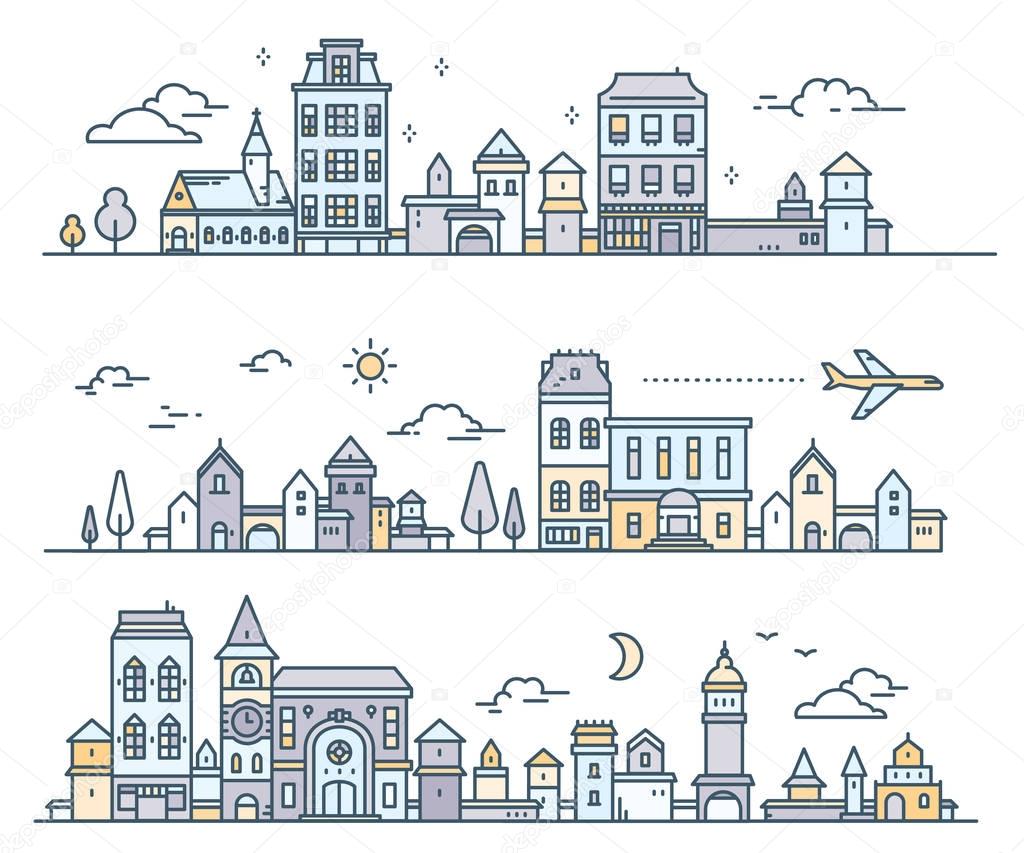 Vector illustration of city landscape on white background. Three