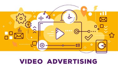 Video oynatıcı ve simgeler vektör çizimi. Video reklam