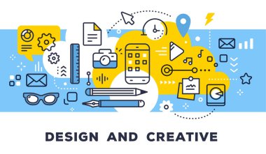 Tasarım ve başlık ile mavi arka plan üzerinde yaratıcı kavramı. Vecto