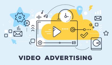 Video oynatıcı ve simgeler vektör çizimi. Video reklam