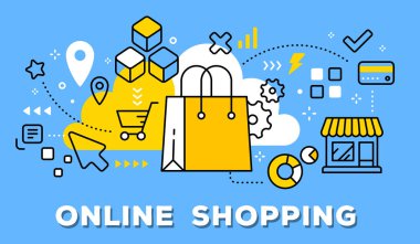 Sarı alışveriş el çantası, mağaza ve simgeler vektör çizim