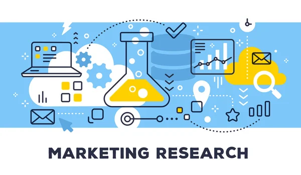 Concept de recherche marketing sur fond bleu avec titre. Vecteur — Image vectorielle