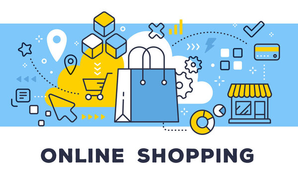 Online shopping concept on blue background with title. Vector il