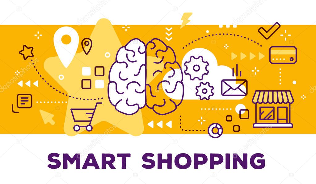 Vector illustration of human brain, store and icons. Smart shopp