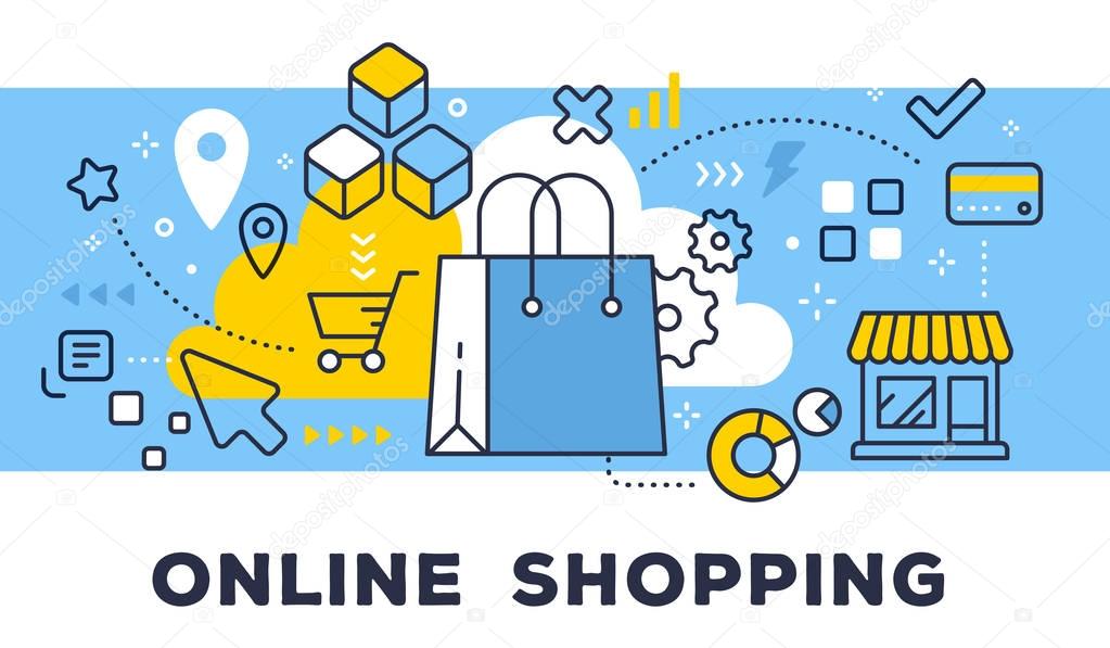 Online shopping concept on blue background with title. Vector il