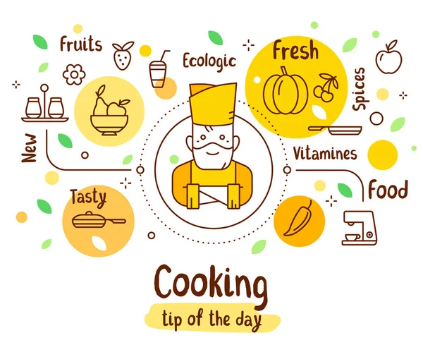 Ilustração vetorial de um homem cozinheiro chefe com ícones de comida, tags e — Vetor de Stock