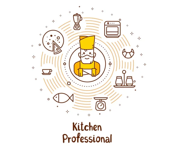 Ilustração vetorial de um homem cozinheiro chefe em um chapéu de chef com comida — Vetor de Stock