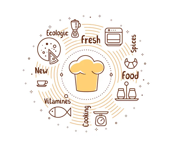 Vektorillustration av en kockmössa med mat ikoner och taggar. Crea — Stock vektor