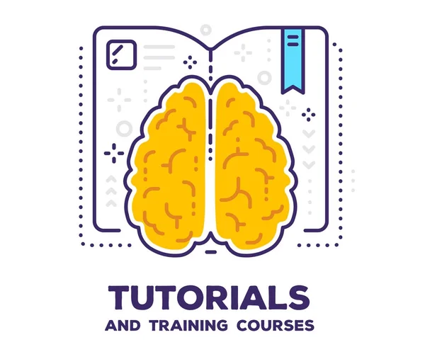 Illustrazione vettoriale del cervello con libro aperto e icone. Tutorial — Vettoriale Stock