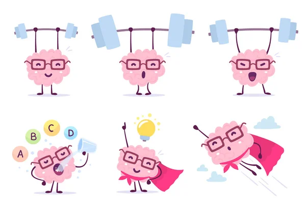 Çok güçlü, sağlıklı ve akıllı karikatür beyin kavramı. Vektör set