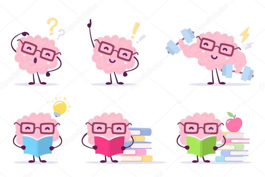 Enjoyable education brain cartoon concept. Vector set of illustr