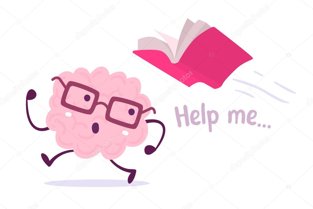 Vector illustration of pink color brain with glasses running awa