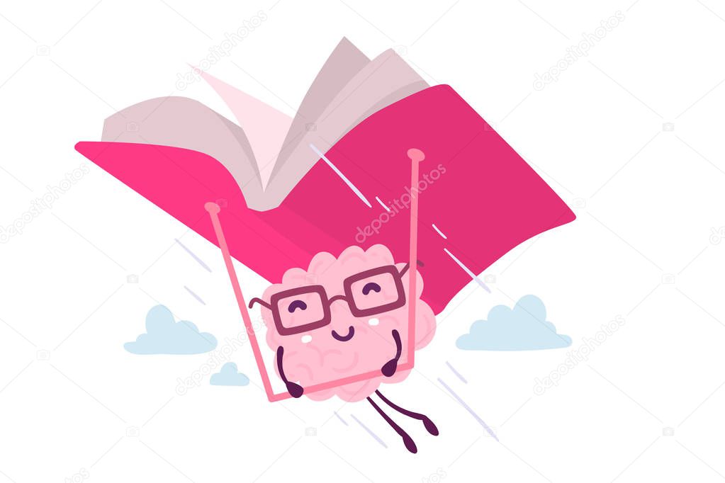 Vector illustration of pink color smile brain with glasses flyin