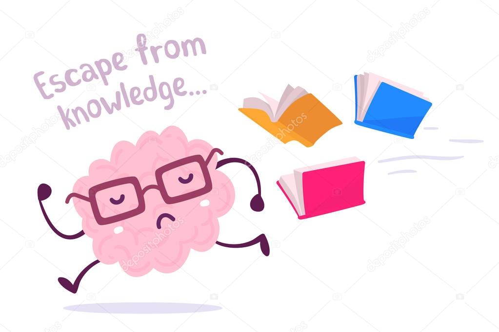 Vector illustration of a brain avoiding knowledge. Pink color la