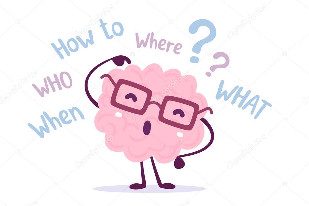 Vector illustration of pink color human brain with glasses think