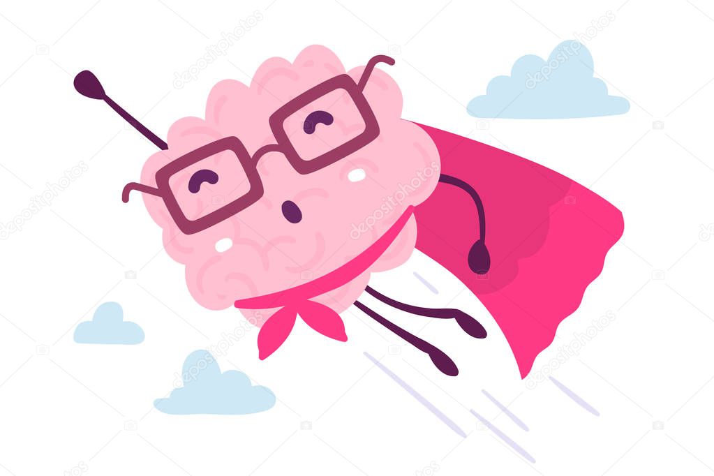 Vector illustration of pink color human brain with glasses flyin