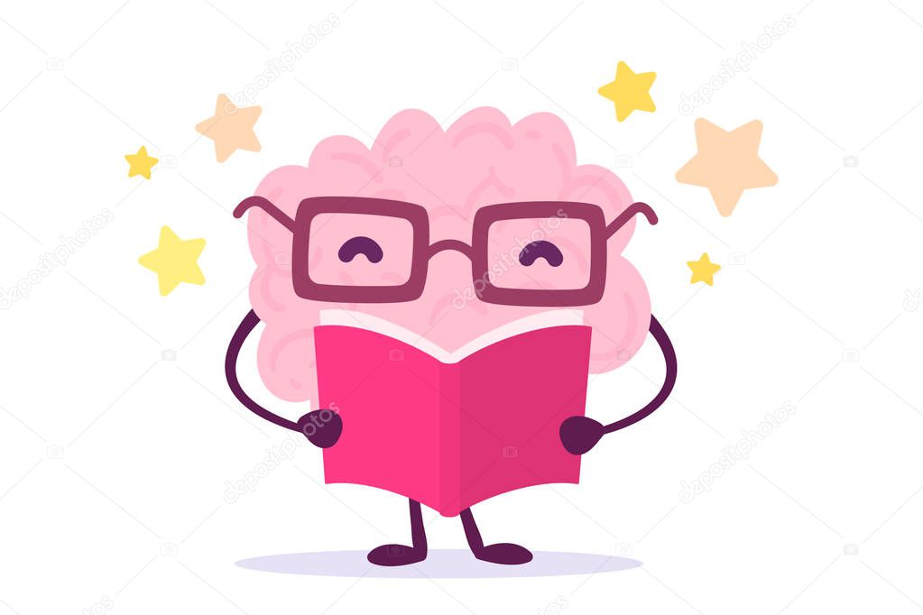 Vector illustration of pink color happy brain with glasses readi