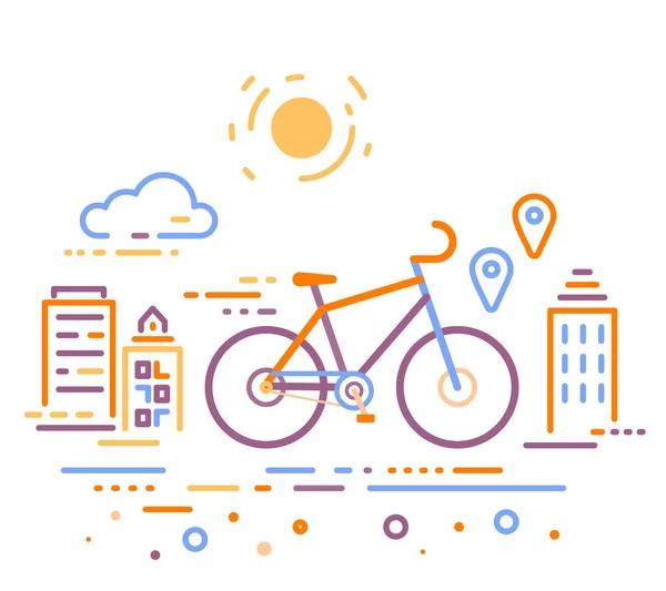 Ilustración a color vectorial de la bicicleta sobre fondo urbano blanco w — Vector de stock