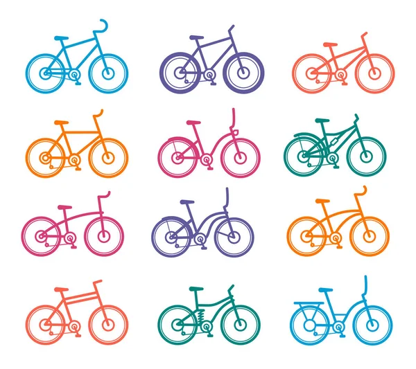 Ensemble de couleurs vectorielles de différents modèles de vélos urbains sur fond blanc — Image vectorielle