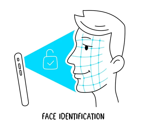 Illustrazione vettoriale della testa umana e del nuovo cellulare con volto — Vettoriale Stock